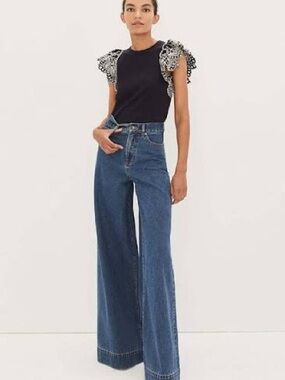 Veronica Beard Navy Ruffled Sleeve Tee